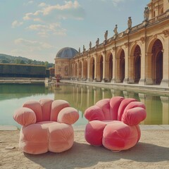 Stylish outdoor bubble pink chairs enhancing the regal atmosphere near the classical palace and...