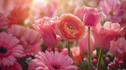 An intimate close-up of an assortment of vivid pink and red spring flowers gleaming under soft sunlight