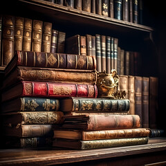 Old books on a dusty library shelf.