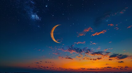 Obraz na płótnie Canvas The exquisite crescent moon whilst over Ramadan and the breathtaking night sky Eid is coming and space, Generative AI.
