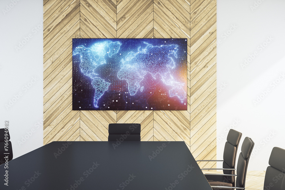 Poster Abstract graphic world map on presentation monitor in a modern boardroom, connection and communication concept. 3D Rendering