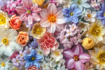 Close-up image of various vibrant artificial flowers creating a full and decorative display