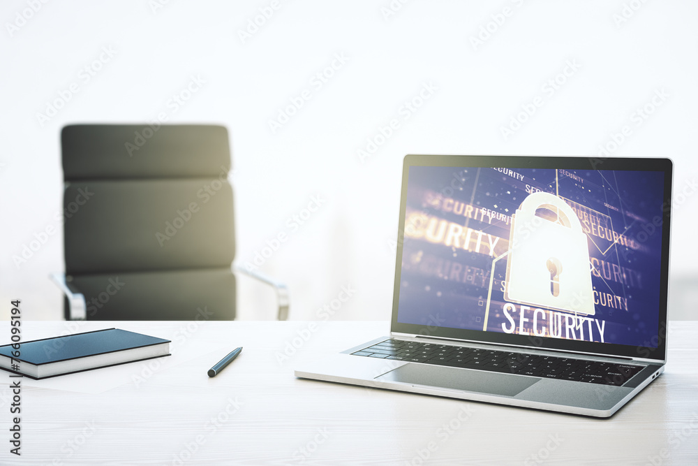 Poster Creative idea concept with lock symbol and microcircuit illustration on modern laptop screen. Protection and firewall concept. 3D Rendering
