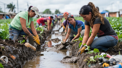 People helping each other to dig and clean up a canal, removing garbage from the waterway.
