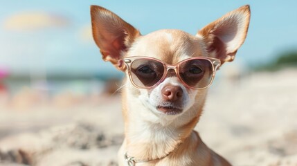 Funny Chihuahua dog posing on a beach with sunglasses.