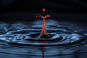molten droplet splashes on black, forming a fiery crown. Crimson  liquid collision art - obrazy, fototapety, plakaty