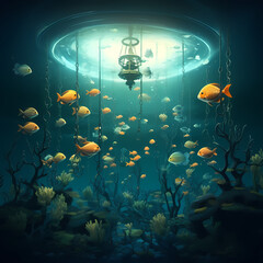 Obraz na płótnie Canvas Surreal underwater scene with floating objects. 