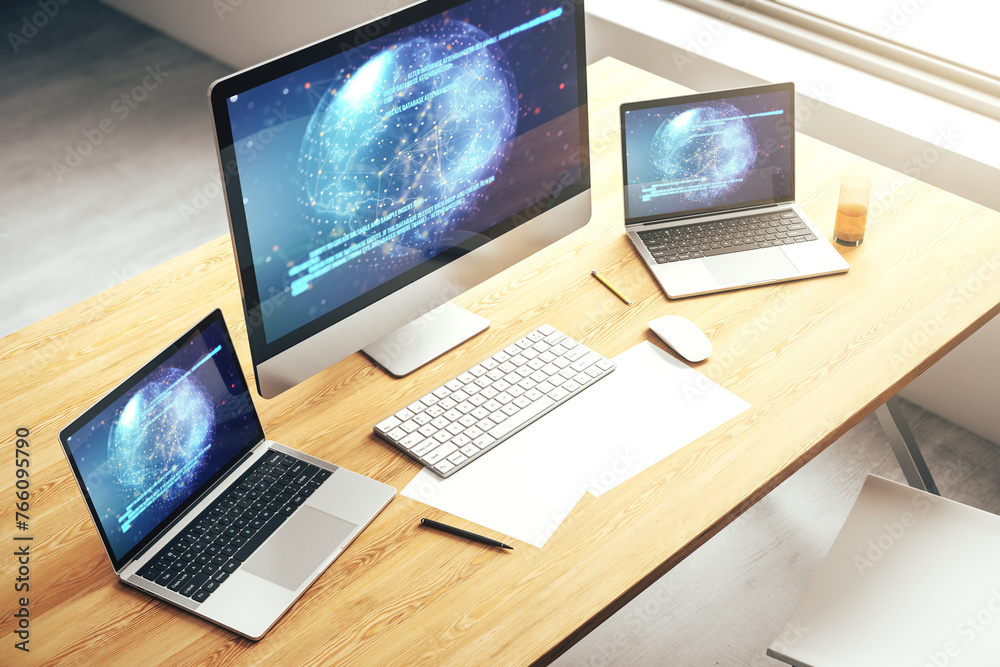 Fototapete modern computer screen with abstract creative coding sketch and world map, artificial intelligence a