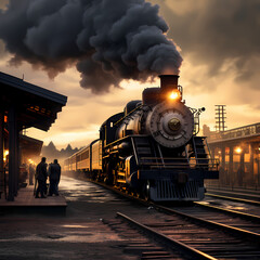 Vintage train station with steam billowing from the chimney