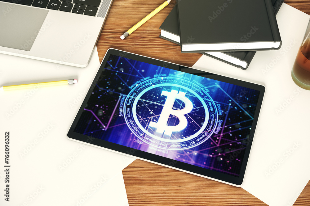Poster Modern digital tablet monitor with creative Bitcoin symbol. Cryptocurrency concept. Top view. 3D Rendering