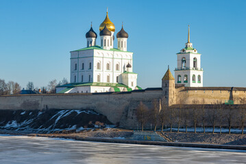 Ancient Trinity Cathedral in the Pskov Kremlin on a sunny February day - 766096380