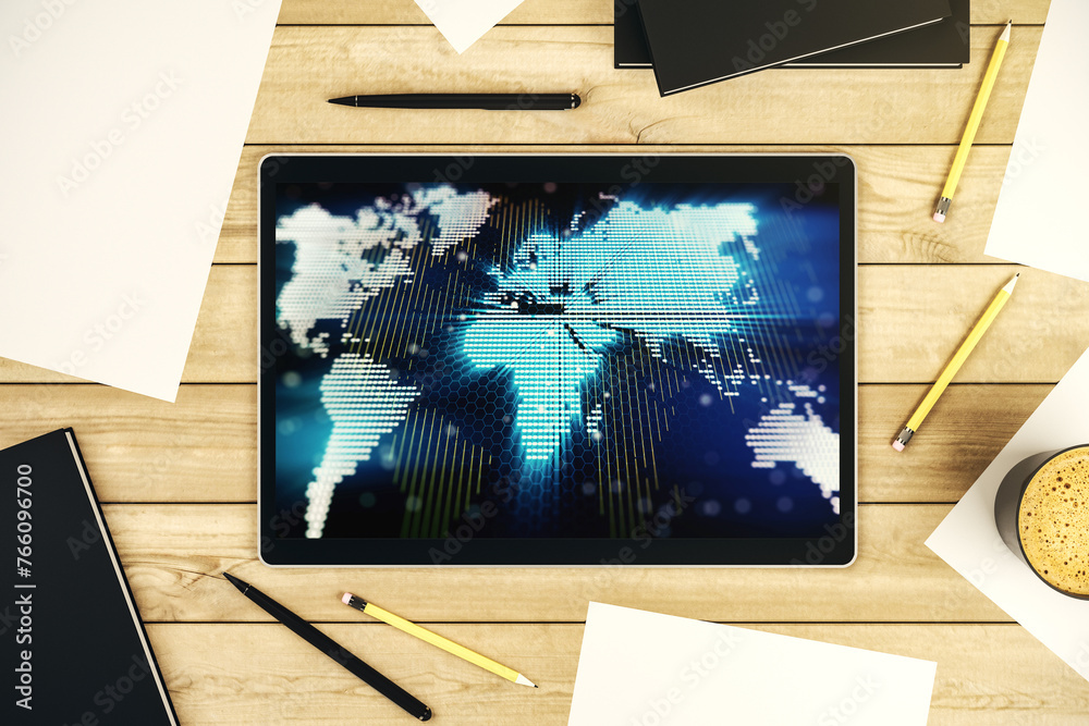 Aufkleber abstract creative world map on modern digital tablet screen, international trading concept. top view