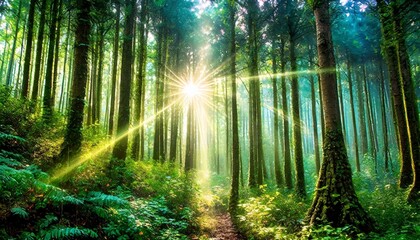 Fototapeta na wymiar rays of light in forest, the sun shining through the trees in a forest