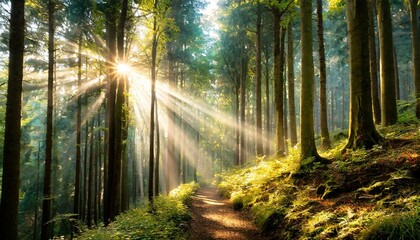 morning in the forest, the sun shining through the trees in a forest