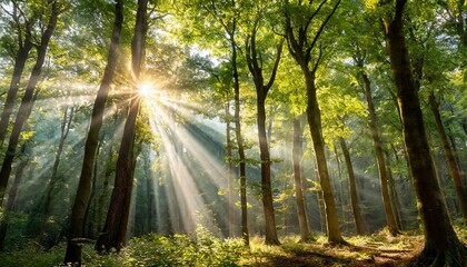 Fototapeta na wymiar sun rays through the forest, the sun shining through the trees in a forest