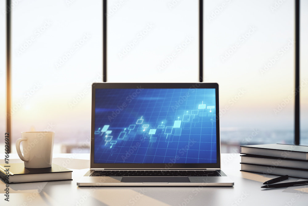 Poster Modern computer display with abstract financial graph, financial and trading concept. 3D Rendering