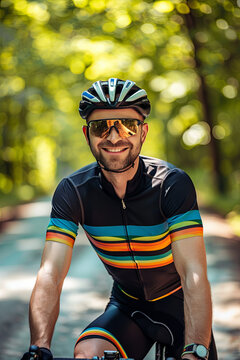 A handsome cyclist wearing a cycling jersey