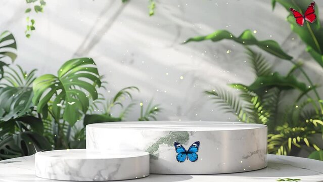 white marble product display podium with nature leave. seamless looping overlay 4k virtual video animation background