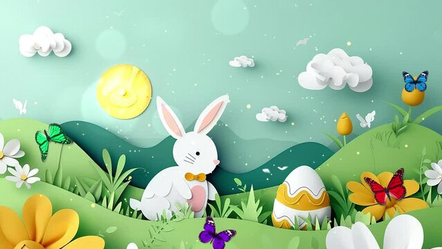 happy easter in paper cut style illustration. seamless looping overlay 4k virtual video animation background