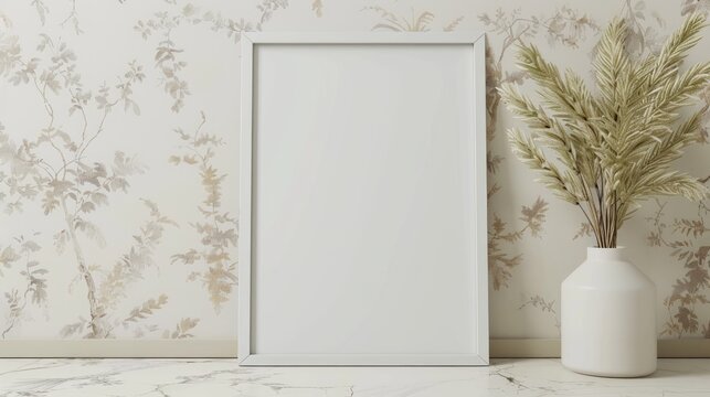 Home interior poster mock up with square frame on white wall background