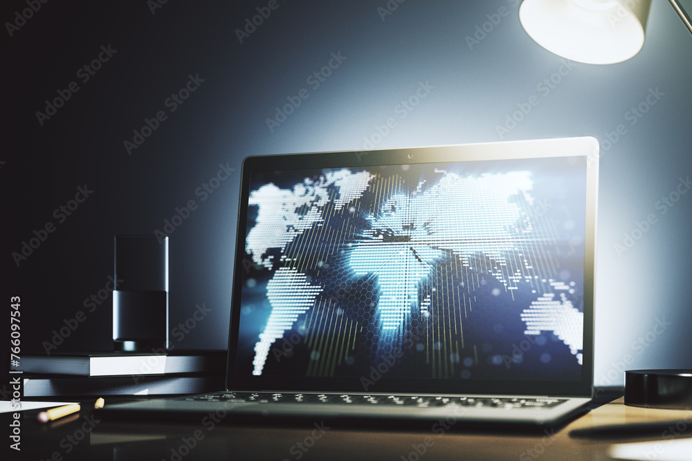 Leinwandbilder abstract digital world map on modern computer monitor, big data and blockchain concept. 3d rendering