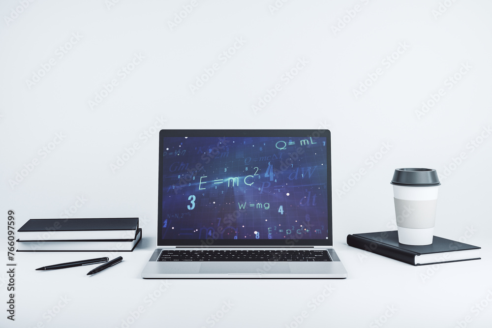 Poster creative scientific formula illustration on modern computer monitor, science and research concept. 3