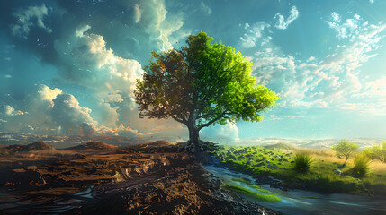 A tree stands in a desert-like setting with a split trunk and large roots visible.  - obrazy, fototapety, plakaty
