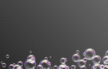 Vector soap bubbles png. Flying soap bubbles. Soap bubbles with various reflections. Detergent, soap, shampoo, foam.