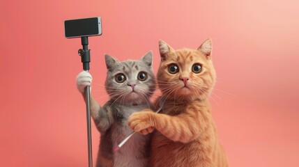Funny kitties - Selfie. He held a selfie stick in his hand. Couple of cat taking a selfie together with smartphone camera - obrazy, fototapety, plakaty