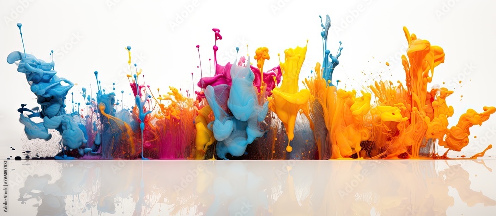 Poster a vibrant row of magenta ink splashes on a white surface, resembling petals in an art event in the c