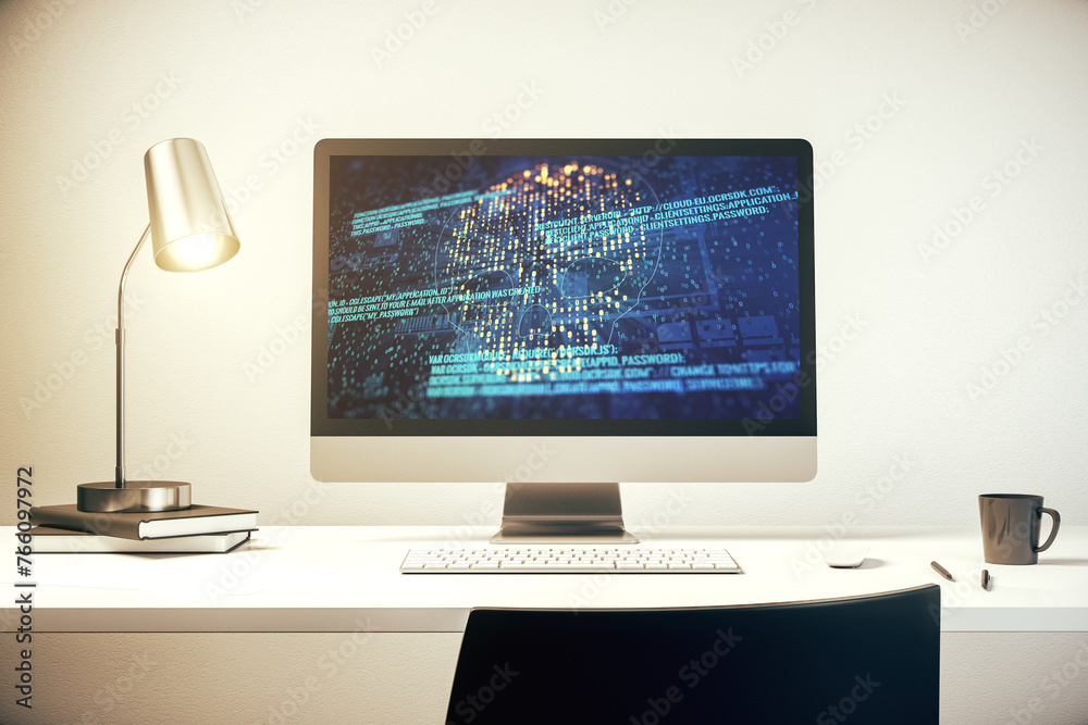 Poster Modern computer monitor with creative code skull hologram. Malware and cyber crime concept. 3D Rendering