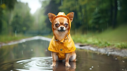 Funny picture of a chihuahua outside by a puddle, dressed in a raincoat