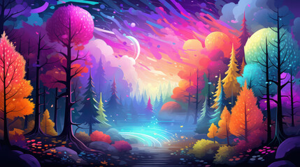 Bright colourful fabulous forest, nature scenery with fog rolling beneath a rainbow above the trees in fresh green foliage at night