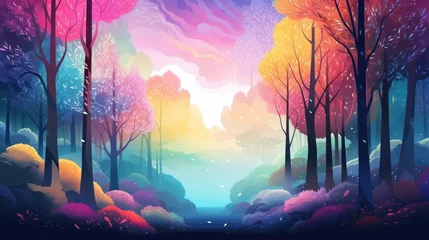 Fotobehang Bright colourful fabulous forest, nature scenery with fog rolling beneath a rainbow above the trees in fresh green foliage at night © ribelco