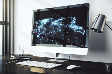 Abstract graphic world map on modern laptop screen, connection and communication concept. 3D Rendering - Powered by Adobe