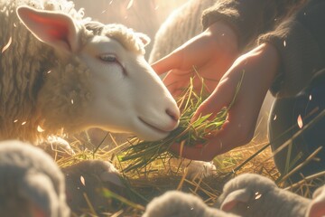 A child holds grass in his hand and feeds the sheep on the farm