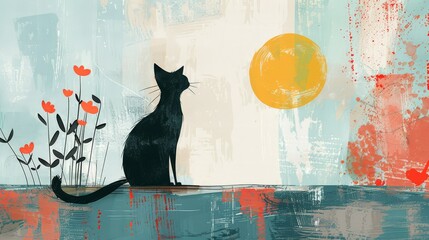 Artistic rendering of a black cat silhouette with heart-shaped flowers against a colorful abstract...