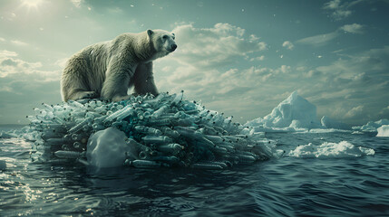 A polar bear sits atop an iceberg, surrounded by a sea of rubbish ice.  - obrazy, fototapety, plakaty