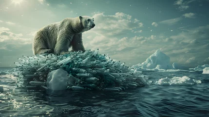 Foto op Plexiglas A polar bear sits atop an iceberg, surrounded by a sea of rubbish ice.  © wcirco