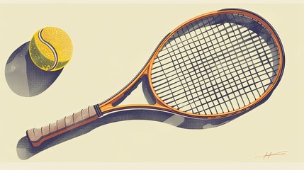a tennis racket and ball on a cream background - obrazy, fototapety, plakaty