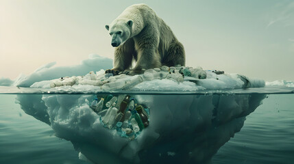 A polar bear sits atop an iceberg, surrounded by a sea of rubbish ice.  - obrazy, fototapety, plakaty