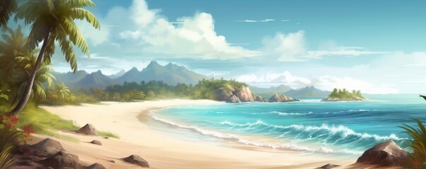 Tropical paradise beach with lush trees on a serene island surrounded by turquoise sea, wallpaper illustration