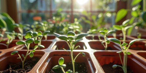 Seedlings in Brown Plastic Pots Sunlit Background