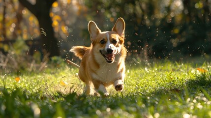 On a sunny day, a happy corgi dog is racing through the grass with a dog stick toy. Corgi puppy having fun with a dog toy