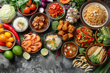 assorted thai food in flat lay composition
