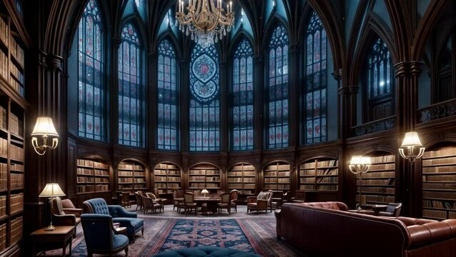 ステンドグラスの夜のヨーロッパ風のファンタジーな図書室