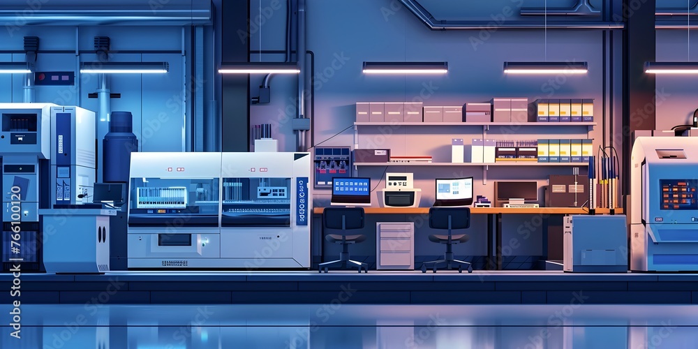 Poster automated laboratory setup with efficient testing machines and organized workspace for advanced scie