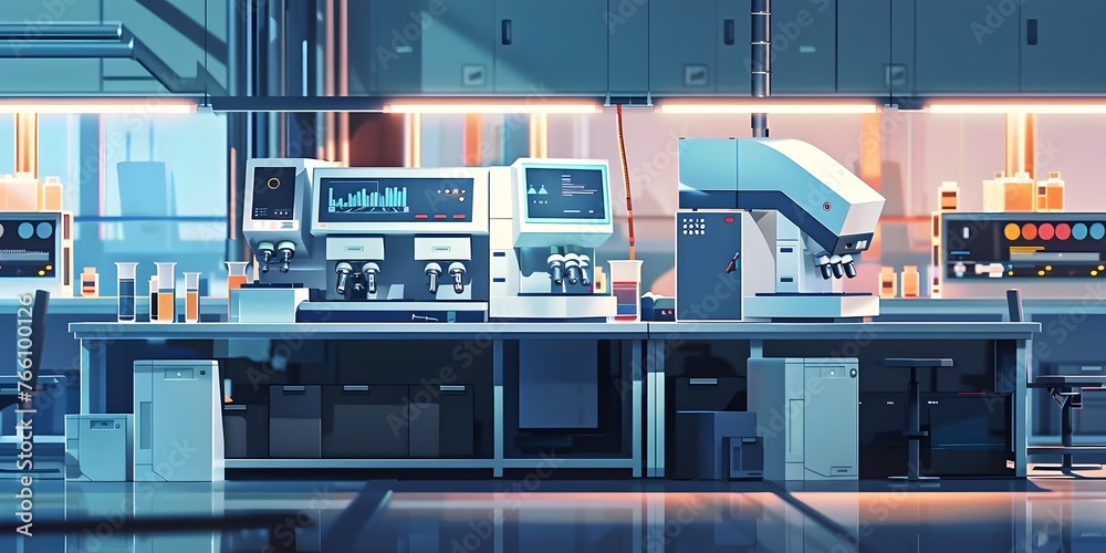 Poster efficient research laboratory with automated testing machines and contemporary workspace