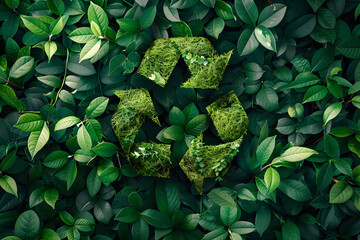 A recycling symbol made of leaves is seen in front of a background of green leaves.