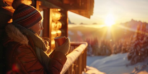 Woman Enjoying Hot Drink in Snowy Mountains